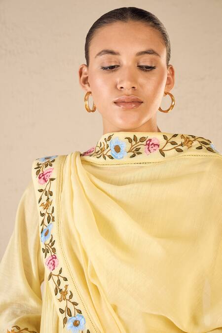 Shivani Bhargava Yellow Chanderi, Cotton Embroidery Round Neck Gardenia Charm Kurta Pant Set at Aza Fashions Shivani Bhargava_Yellow Chanderi, Cotton Embroidery Round Neck Gardenia Charm Kurta Pant Set _at_Aza_Fashions