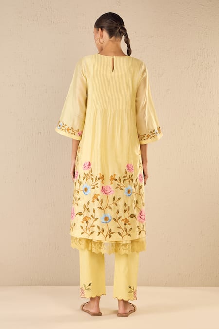 Shop Shivani Bhargava Yellow Chanderi, Cotton Embroidery Round Neck Gardenia Charm Kurta Pant Set at Aza Fashions Shop_Shivani Bhargava_Yellow Chanderi, Cotton Embroidery Round Neck Gardenia Charm Kurta Pant Set _at_Aza_Fashions