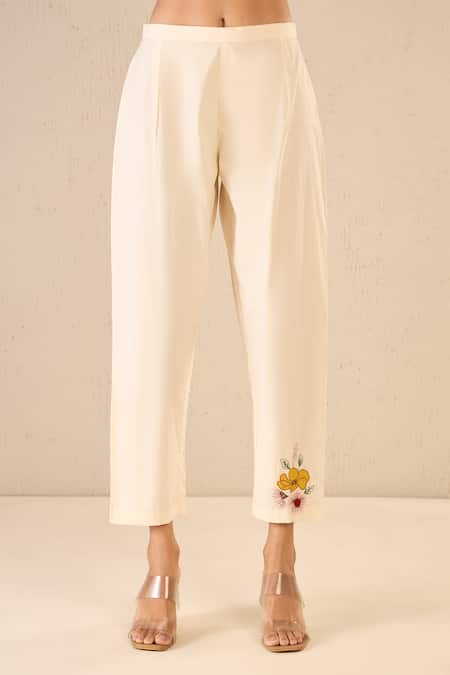 Buy Shivani Bhargava Ivory Chanderi, Cotton Embroidery Round Neck Petal Patch Kurta Pant Set Buy_Shivani Bhargava_Ivory Chanderi, Cotton Embroidery Round Neck Petal Patch Kurta Pant Set