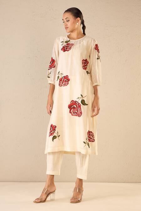 Buy Shivani Bhargava Ivory Chanderi, Cotton Embroidery Round Neck Royal Rose Kurta And Pant Set Online at Aza Fashions Buy_Shivani Bhargava_Ivory Chanderi, Cotton Embroidery Round Neck Royal Rose Kurta And Pant Set _Online_at_Aza_Fashions
