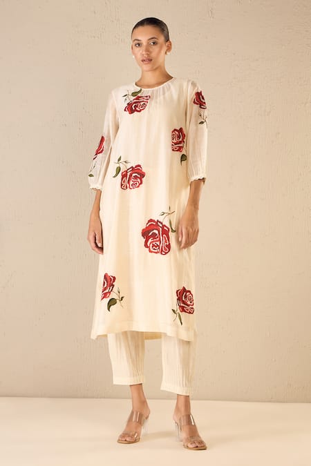 Shivani Bhargava Ivory Chanderi, Cotton Embroidery Round Neck Royal Rose Kurta And Pant Set 