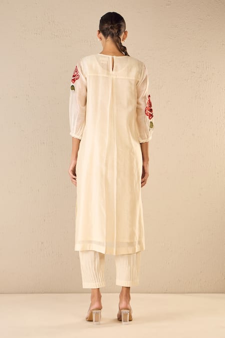 Shop Shivani Bhargava Ivory Chanderi, Cotton Embroidery Round Neck Royal Rose Kurta And Pant Set at Aza Fashions Shop_Shivani Bhargava_Ivory Chanderi, Cotton Embroidery Round Neck Royal Rose Kurta And Pant Set _at_Aza_Fashions