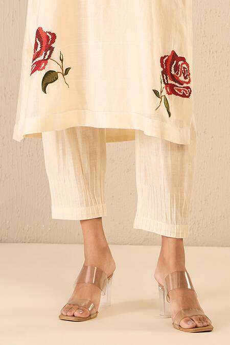Shivani Bhargava Ivory Chanderi Applique Embroidered Floral Round Royal Rose Kurta Online at Aza Fashions Shivani Bhargava_Ivory Chanderi Applique Embroidered Floral Round Royal Rose Kurta _Online_at_Aza_Fashions