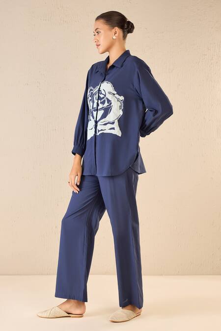 Buy Shivani Bhargava Blue Cotton Applique Stand Collar Rose Dream Shirt Online at Aza Fashions Buy_Shivani Bhargava_Blue Cotton Applique Stand Collar Rose Dream Shirt _Online_at_Aza_Fashions
