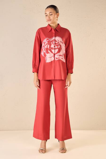 Shivani Bhargava Red Cotton Embroidery Collared Rose Dream Applique Shirt With Pant Online at Aza Fashions Shivani Bhargava_Red Cotton Embroidery Collared Rose Dream Applique Shirt With Pant _Online_at_Aza_Fashions