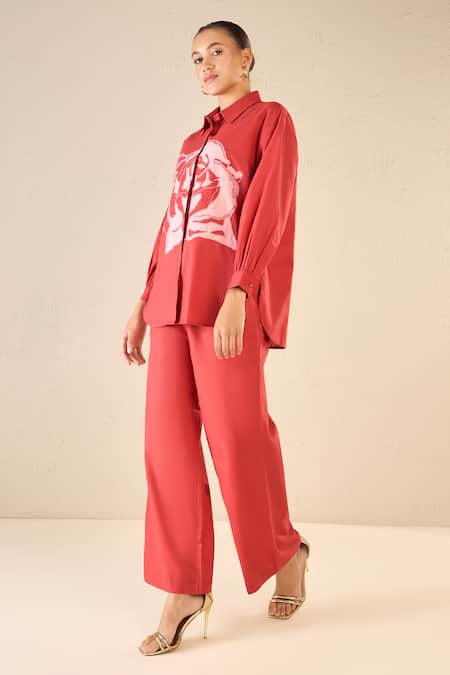 Buy Shivani Bhargava Red Cotton Embroidery Collared Rose Dream Applique Shirt With Pant Online at Aza Fashions Buy_Shivani Bhargava_Red Cotton Embroidery Collared Rose Dream Applique Shirt With Pant _Online_at_Aza_Fashions