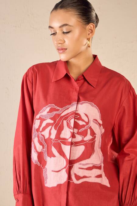 Shop Shivani Bhargava Red Cotton Embroidery Collared Rose Dream Applique Shirt With Pant Online at Aza Fashions Shop_Shivani Bhargava_Red Cotton Embroidery Collared Rose Dream Applique Shirt With Pant _Online_at_Aza_Fashions