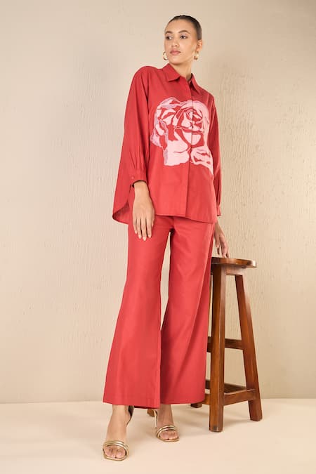 Shivani Bhargava Red Cotton Embroidery Collared Rose Dream Applique Shirt With Pant at Aza Fashions Shivani Bhargava_Red Cotton Embroidery Collared Rose Dream Applique Shirt With Pant _at_Aza_Fashions