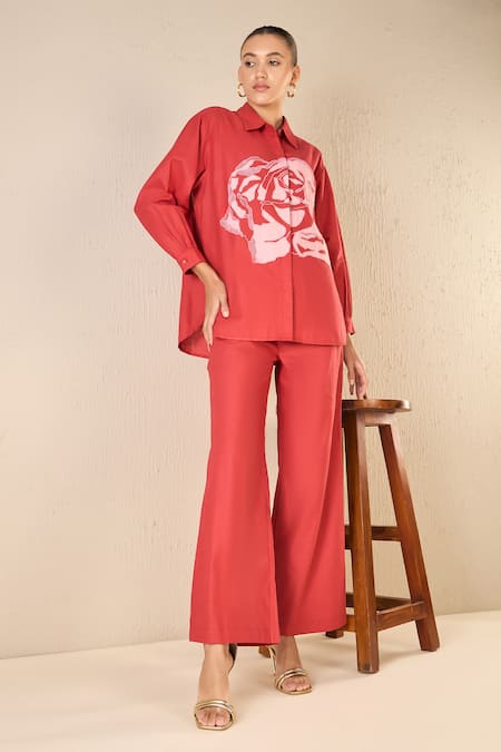 Buy Shivani Bhargava Red Cotton Embroidery Collared Rose Dream Applique Shirt With Pant Buy_Shivani Bhargava_Red Cotton Embroidery Collared Rose Dream Applique Shirt With Pant