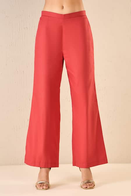 Shop Shivani Bhargava Red Cotton Embroidery Collared Rose Dream Applique Shirt With Pant Shop_Shivani Bhargava_Red Cotton Embroidery Collared Rose Dream Applique Shirt With Pant