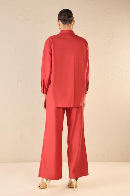 Shop Shivani Bhargava Red Cotton Embroidery Collared Rose Dream Applique Shirt With Pant at Aza Fashions Shop_Shivani Bhargava_Red Cotton Embroidery Collared Rose Dream Applique Shirt With Pant _at_Aza_Fashions