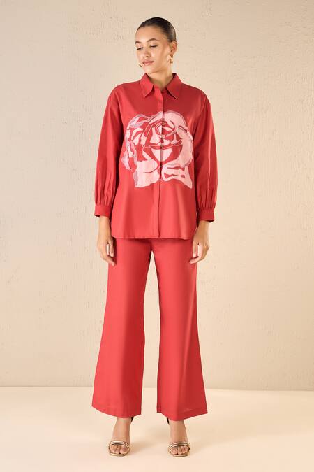 Shivani Bhargava Red Cotton Patchwork Stand Collar Rose Dream Shirt Online at Aza Fashions Shivani Bhargava_Red Cotton Patchwork Stand Collar Rose Dream Shirt _Online_at_Aza_Fashions