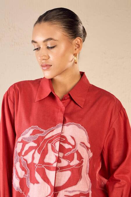 Shop Shivani Bhargava Red Cotton Patchwork Stand Collar Rose Dream Shirt Online at Aza Fashions Shop_Shivani Bhargava_Red Cotton Patchwork Stand Collar Rose Dream Shirt _Online_at_Aza_Fashions