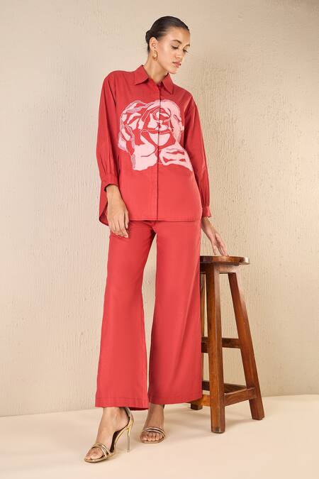 Shivani Bhargava Red Cotton Patchwork Stand Collar Rose Dream Shirt at Aza Fashions Shivani Bhargava_Red Cotton Patchwork Stand Collar Rose Dream Shirt _at_Aza_Fashions