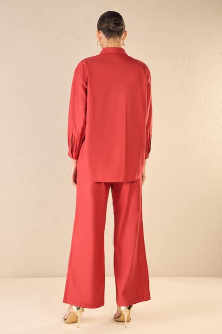 Shop Shivani Bhargava Red Cotton Patchwork Stand Collar Rose Dream Shirt at Aza Fashions Shop_Shivani Bhargava_Red Cotton Patchwork Stand Collar Rose Dream Shirt _at_Aza_Fashions