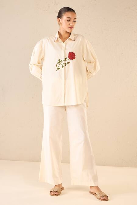 Buy Shivani Bhargava Ivory Cotton Embroidered Bead Stand Collar Rose Shirt With Flared Pant Online at Aza Fashions Buy_Shivani Bhargava_Ivory Cotton Embroidered Bead Stand Collar Rose Shirt With Flared Pant _Online_at_Aza_Fashions