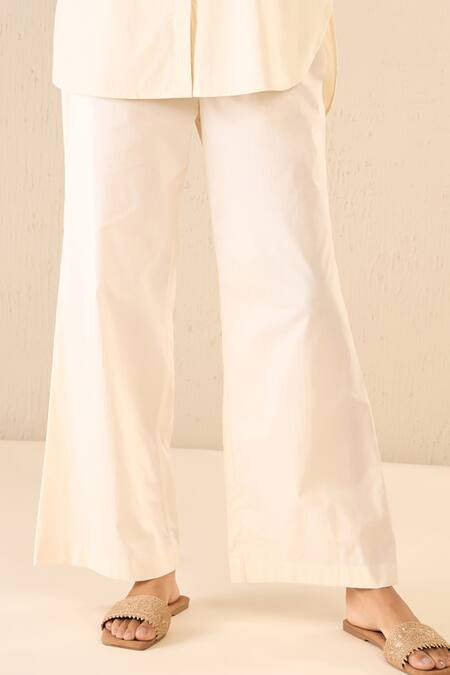 Shop Shivani Bhargava Ivory Cotton Embroidered Bead Stand Collar Rose Shirt With Flared Pant Online at Aza Fashions Shop_Shivani Bhargava_Ivory Cotton Embroidered Bead Stand Collar Rose Shirt With Flared Pant _Online_at_Aza_Fashions