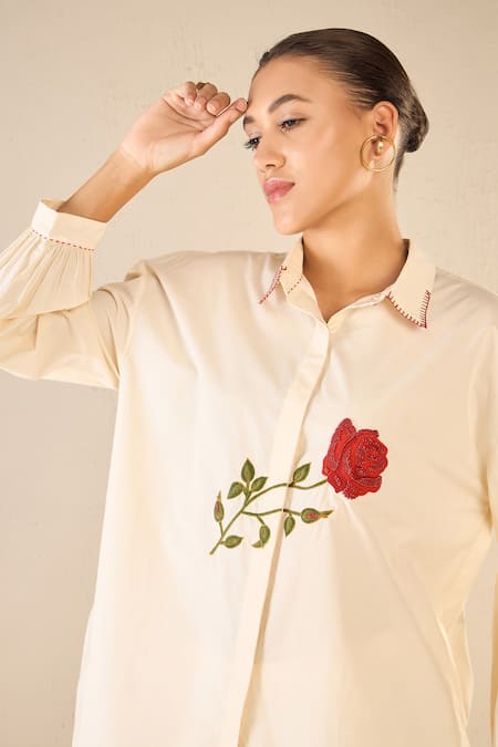 Shivani Bhargava Ivory Cotton Embroidered Bead Stand Collar Rose Shirt With Flared Pant at Aza Fashions Shivani Bhargava_Ivory Cotton Embroidered Bead Stand Collar Rose Shirt With Flared Pant _at_Aza_Fashions