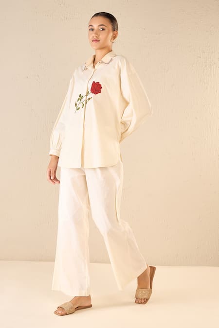 Shivani Bhargava Ivory Cotton Embroidered Bead Stand Collar Rose Shirt Online at Aza Fashions Shivani Bhargava_Ivory Cotton Embroidered Bead Stand Collar Rose Shirt _Online_at_Aza_Fashions