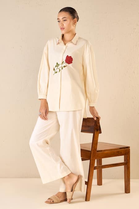 Shivani Bhargava Ivory Cotton Embroidered Bead Stand Collar Rose Shirt at Aza Fashions Shivani Bhargava_Ivory Cotton Embroidered Bead Stand Collar Rose Shirt _at_Aza_Fashions