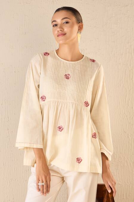 Buy Shivani Bhargava Ivory Cotton Embroidered Thread Whispering Roses Tunic Top With Flared Pant Buy_Shivani Bhargava_Ivory Cotton Embroidered Thread Whispering Roses Tunic Top With Flared Pant