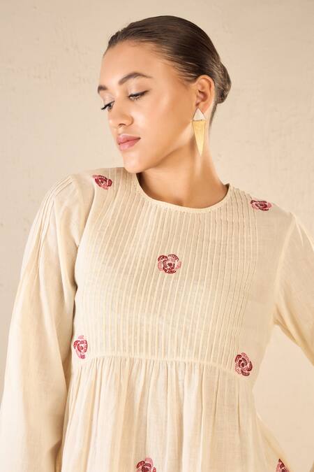 Buy Shivani Bhargava Ivory Cotton Embroidered Thread Round Whispering Roses Tunic Top Online at Aza Fashions Buy_Shivani Bhargava_Ivory Cotton Embroidered Thread Round Whispering Roses Tunic Top _Online_at_Aza_Fashions
