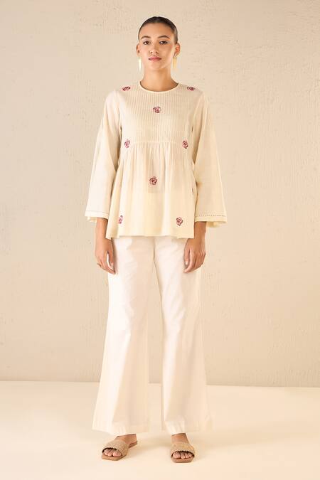 Shivani Bhargava Ivory Cotton Embroidered Thread Round Whispering Roses Tunic Top at Aza Fashions Shivani Bhargava_Ivory Cotton Embroidered Thread Round Whispering Roses Tunic Top _at_Aza_Fashions