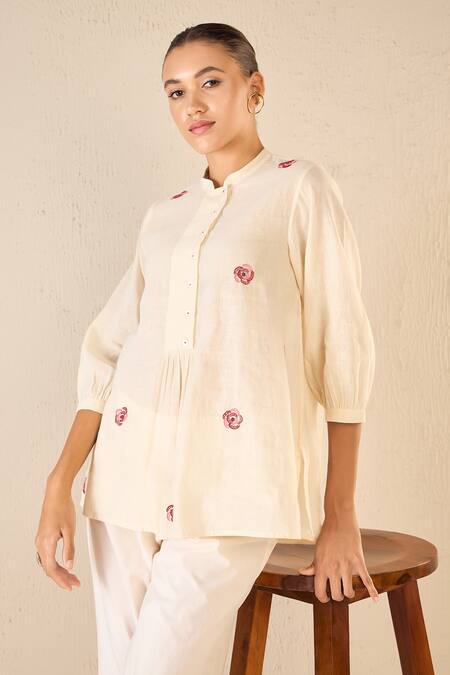 Buy Shivani Bhargava Ivory Cotton Embroidered Thread Mandarin Rose Melody Top With Flared Pant Buy_Shivani Bhargava_Ivory Cotton Embroidered Thread Mandarin Rose Melody Top With Flared Pant