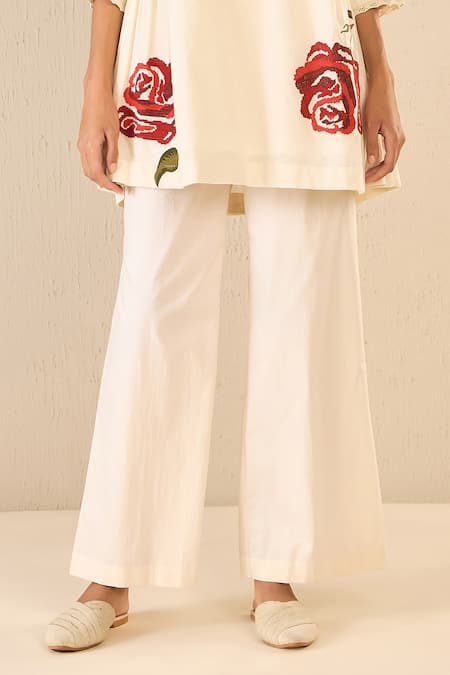Buy Shivani Bhargava Ivory Cotton Embroidered Thread Round Royal Rose Top With Flared Pant Online at Aza Fashions Buy_Shivani Bhargava_Ivory Cotton Embroidered Thread Round Royal Rose Top With Flared Pant _Online_at_Aza_Fashions