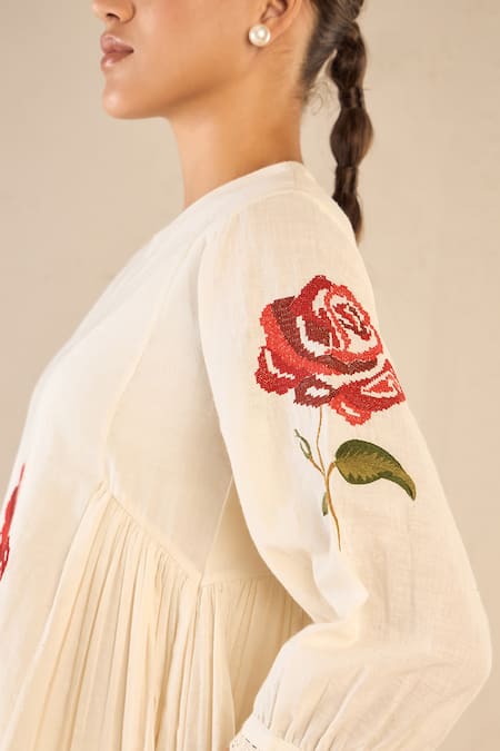 Buy Shivani Bhargava Ivory Cotton Embroidery Round Neck Royal Rose Tunic Top Online at Aza Fashions Buy_Shivani Bhargava_Ivory Cotton Embroidery Round Neck Royal Rose Tunic Top _Online_at_Aza_Fashions