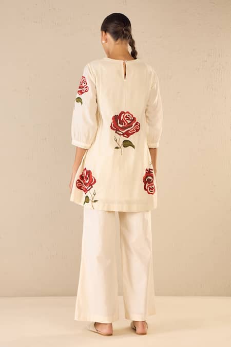 Shop Shivani Bhargava Ivory Cotton Embroidery Round Neck Royal Rose Tunic Top at Aza Fashions Shop_Shivani Bhargava_Ivory Cotton Embroidery Round Neck Royal Rose Tunic Top _at_Aza_Fashions