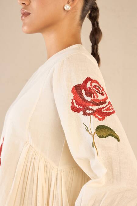 Shivani Bhargava Ivory Cotton Embroidery Round Neck Royal Rose Top With Striped Pant Online at Aza Fashions Shivani Bhargava_Ivory Cotton Embroidery Round Neck Royal Rose Top With Striped Pant _Online_at_Aza_Fashions