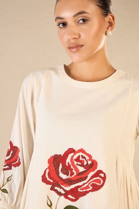 Buy Shivani Bhargava Ivory Cotton Embroidery Round Neck Royal Rose Top With Striped Pant Online at Aza Fashions Buy_Shivani Bhargava_Ivory Cotton Embroidery Round Neck Royal Rose Top With Striped Pant _Online_at_Aza_Fashions