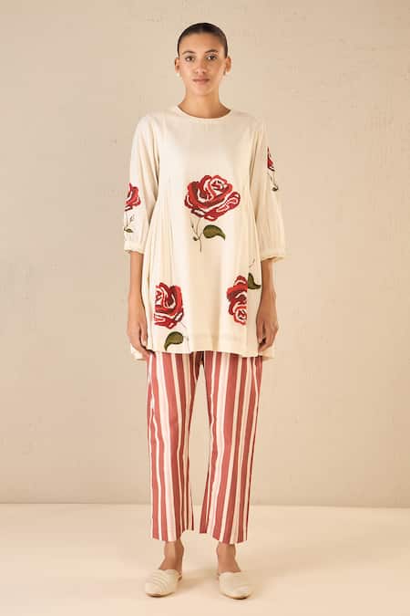 Shop Shivani Bhargava Ivory Cotton Embroidery Round Neck Royal Rose Top With Striped Pant Online at Aza Fashions Shop_Shivani Bhargava_Ivory Cotton Embroidery Round Neck Royal Rose Top With Striped Pant _Online_at_Aza_Fashions