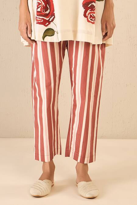 Shivani Bhargava Ivory Cotton Embroidery Round Neck Royal Rose Top With Striped Pant at Aza Fashions Shivani Bhargava_Ivory Cotton Embroidery Round Neck Royal Rose Top With Striped Pant _at_Aza_Fashions