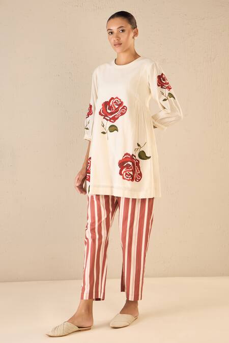 Shop Shivani Bhargava Ivory Cotton Embroidery Round Neck Royal Rose Top With Striped Pant at Aza Fashions Shop_Shivani Bhargava_Ivory Cotton Embroidery Round Neck Royal Rose Top With Striped Pant _at_Aza_Fashions