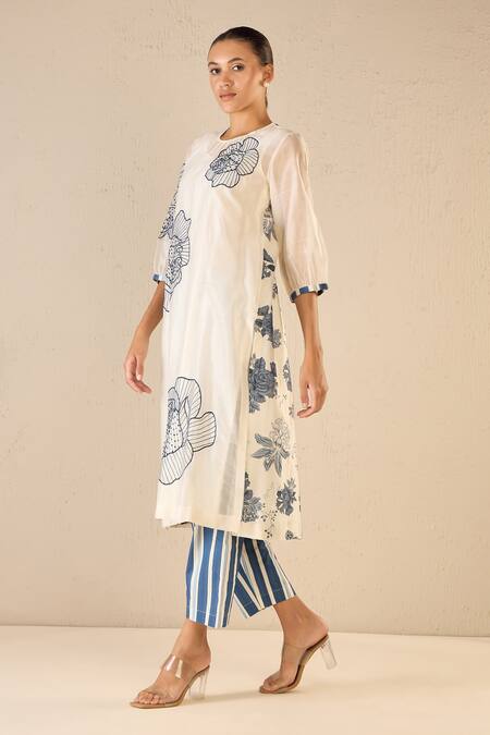 Shop Shivani Bhargava Blue Chanderi, Cotton Embroidery Round Neck Rose Ballad Kurta Pant Set Online at Aza Fashions Shop_Shivani Bhargava_Blue Chanderi, Cotton Embroidery Round Neck Rose Ballad Kurta Pant Set _Online_at_Aza_Fashions