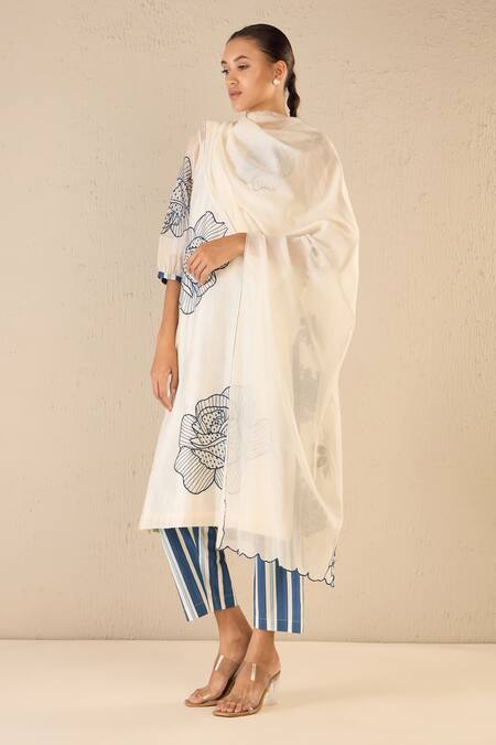 Buy Shivani Bhargava Blue Chanderi, Cotton Embroidery Round Neck Rose Ballad Kurta Pant Set Buy_Shivani Bhargava_Blue Chanderi, Cotton Embroidery Round Neck Rose Ballad Kurta Pant Set