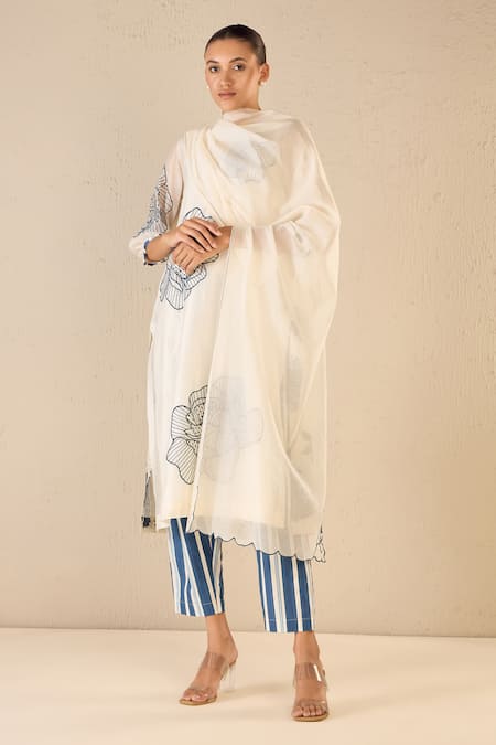 Shivani Bhargava Blue Chanderi, Cotton Embroidery Round Neck Rose Ballad Kurta Pant Set 