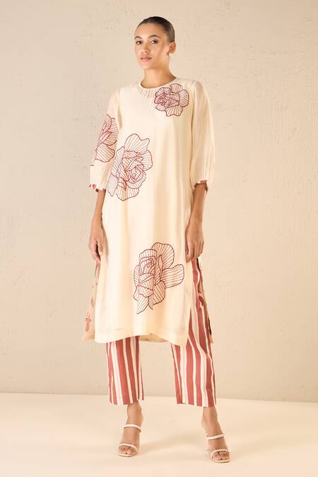 Shivani Bhargava Red Chanderi, Cotton Embroidery Round Rose Ballad Floral Pattern Kurta Pant Set Online at Aza Fashions Shivani Bhargava_Red Chanderi, Cotton Embroidery Round Rose Ballad Floral Pattern Kurta Pant Set _Online_at_Aza_Fashions