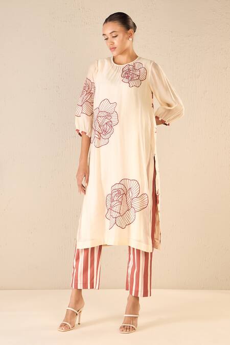 Shop Shivani Bhargava Red Chanderi, Cotton Embroidery Round Rose Ballad Floral Pattern Kurta Pant Set Online at Aza Fashions Shop_Shivani Bhargava_Red Chanderi, Cotton Embroidery Round Rose Ballad Floral Pattern Kurta Pant Set _Online_at_Aza_Fashions