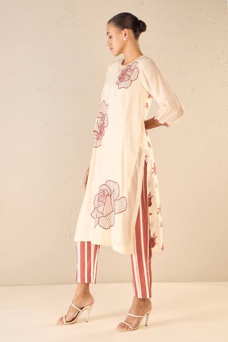 Shivani Bhargava Red Chanderi, Cotton Embroidery Round Rose Ballad Floral Pattern Kurta Pant Set at Aza Fashions Shivani Bhargava_Red Chanderi, Cotton Embroidery Round Rose Ballad Floral Pattern Kurta Pant Set _at_Aza_Fashions