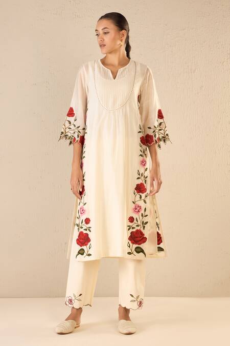 Shivani Bhargava Ivory Chanderi, Cotton Embroidery Split V-neck Rose Shine Kurta Pant Set Online at Aza Fashions Shivani Bhargava_Ivory Chanderi, Cotton Embroidery Split V-neck Rose Shine Kurta Pant Set _Online_at_Aza_Fashions
