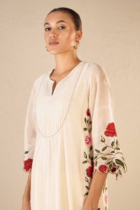 Buy Shivani Bhargava Ivory Chanderi, Cotton Embroidery Split V-neck Rose Shine Kurta Pant Set Online at Aza Fashions Buy_Shivani Bhargava_Ivory Chanderi, Cotton Embroidery Split V-neck Rose Shine Kurta Pant Set _Online_at_Aza_Fashions