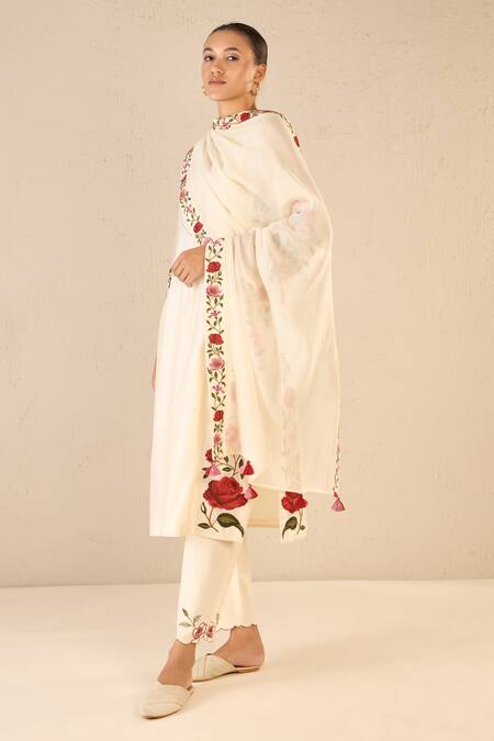 Shop Shivani Bhargava Ivory Chanderi, Cotton Embroidery Split V-neck Rose Shine Kurta Pant Set Online at Aza Fashions Shop_Shivani Bhargava_Ivory Chanderi, Cotton Embroidery Split V-neck Rose Shine Kurta Pant Set _Online_at_Aza_Fashions