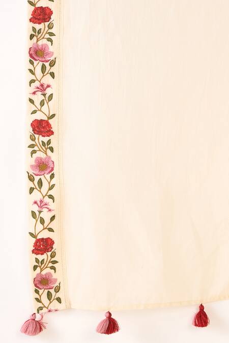 Shop Shivani Bhargava Ivory Chanderi, Cotton Embroidery Split V-neck Rose Shine Kurta Pant Set Shop_Shivani Bhargava_Ivory Chanderi, Cotton Embroidery Split V-neck Rose Shine Kurta Pant Set