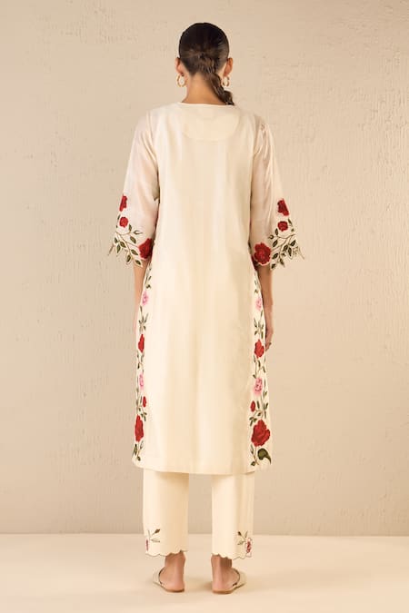 Shop Shivani Bhargava Ivory Chanderi, Cotton Embroidery Split V-neck Rose Shine Kurta Pant Set at Aza Fashions Shop_Shivani Bhargava_Ivory Chanderi, Cotton Embroidery Split V-neck Rose Shine Kurta Pant Set _at_Aza_Fashions