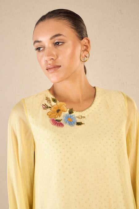 Shop Shivani Bhargava Yellow Chanderi, Cotton Embroidery, Applique Round Garden Glory Kurta Pant Set Online at Aza Fashions Shop_Shivani Bhargava_Yellow Chanderi, Cotton Embroidery, Applique Round Garden Glory Kurta Pant Set _Online_at_Aza_Fashions