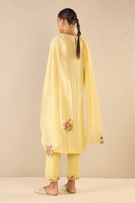 Shop Shivani Bhargava Yellow Chanderi, Cotton Embroidery, Applique Round Garden Glory Kurta Pant Set at Aza Fashions Shop_Shivani Bhargava_Yellow Chanderi, Cotton Embroidery, Applique Round Garden Glory Kurta Pant Set _at_Aza_Fashions