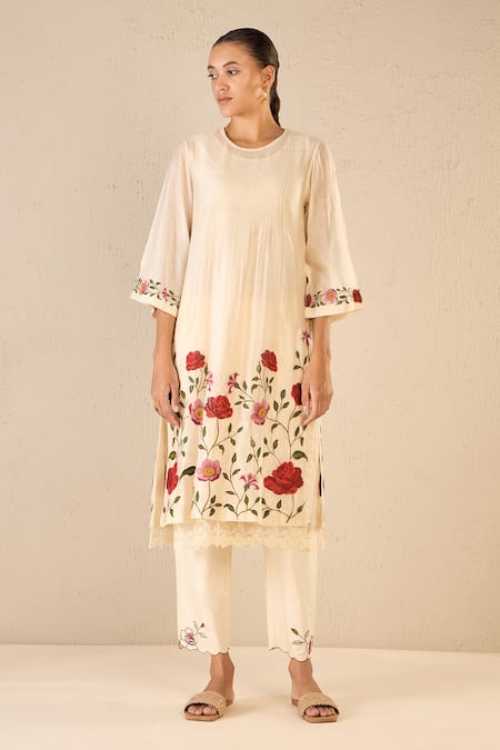 Shivani Bhargava Ivory Chanderi, Cotton Embroidery Round Neck Gardenia Charm Kurta Pant Set Online at Aza Fashions Shivani Bhargava_Ivory Chanderi, Cotton Embroidery Round Neck Gardenia Charm Kurta Pant Set _Online_at_Aza_Fashions